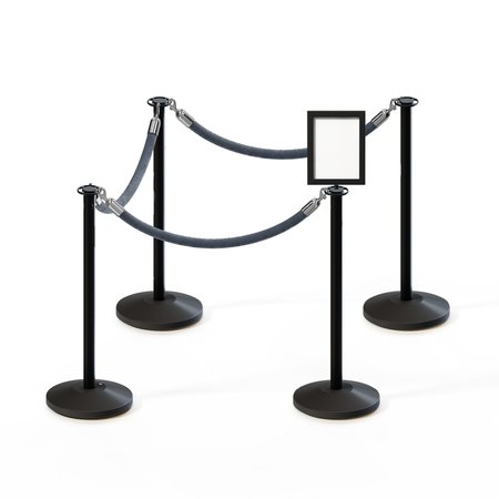 MONTOUR LINE Stanchion Post and Rope Kit Black, 4FlatTop 3Gray Rope 8.5x11V Sign C-Kit-3-BK-FL-1-Tapped-1-8511-V-3-PVR-GY-PS